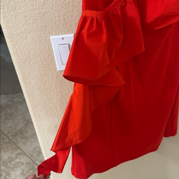 Fun Orange-red One-Shoulder Ruffle Dress - Picture 7 of 9